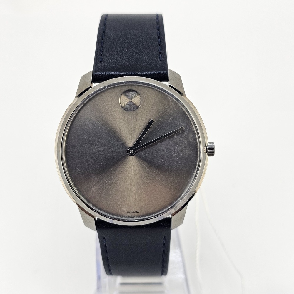 Movado Bold Men's Watch 42MM Gray Dial Dark Blue Leather Bands New Battery